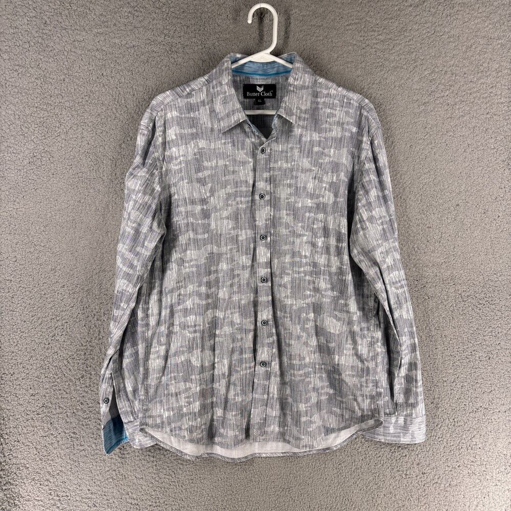 Butter Cloth Shirt‎ Mens XL Gray Camo Cotton Long Sleeve Button Down Camouflage